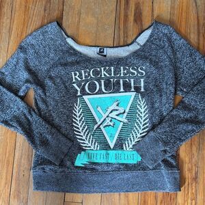Young & Reckless Edgy Gray and Teal Pullover Lightweight Sweater